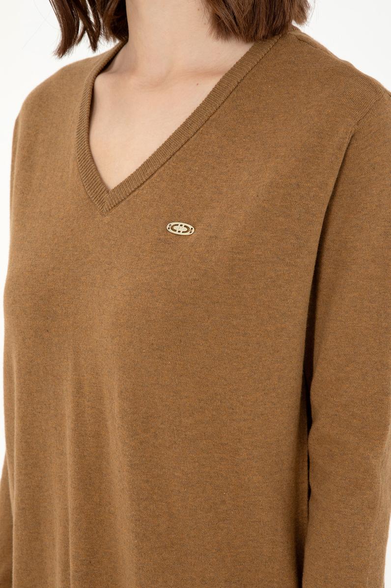 Kadın Koyu Haki Melanj V Yaka Basic Kazak