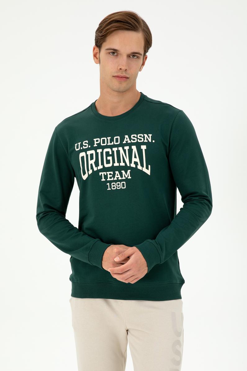 Erkek Regular Fit Bisiklet Yaka Koyu Yeşil Sweatshirt