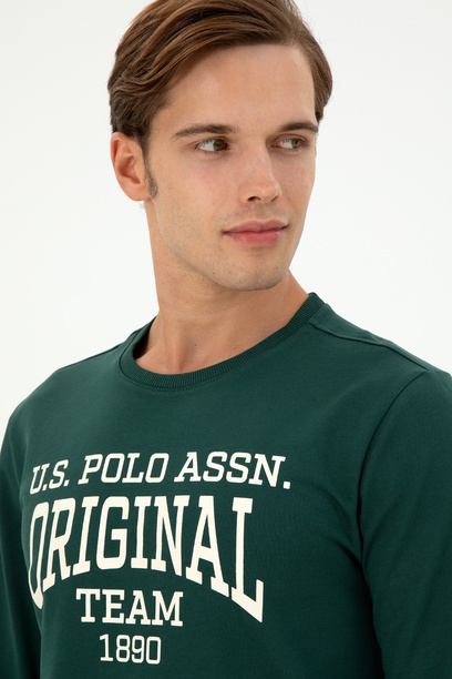 Erkek Regular Fit Bisiklet Yaka Koyu Yeşil Sweatshirt
