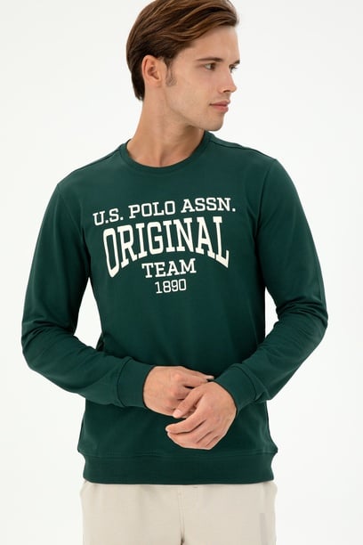 Erkek Regular Fit Bisiklet Yaka Koyu Yeşil Sweatshirt