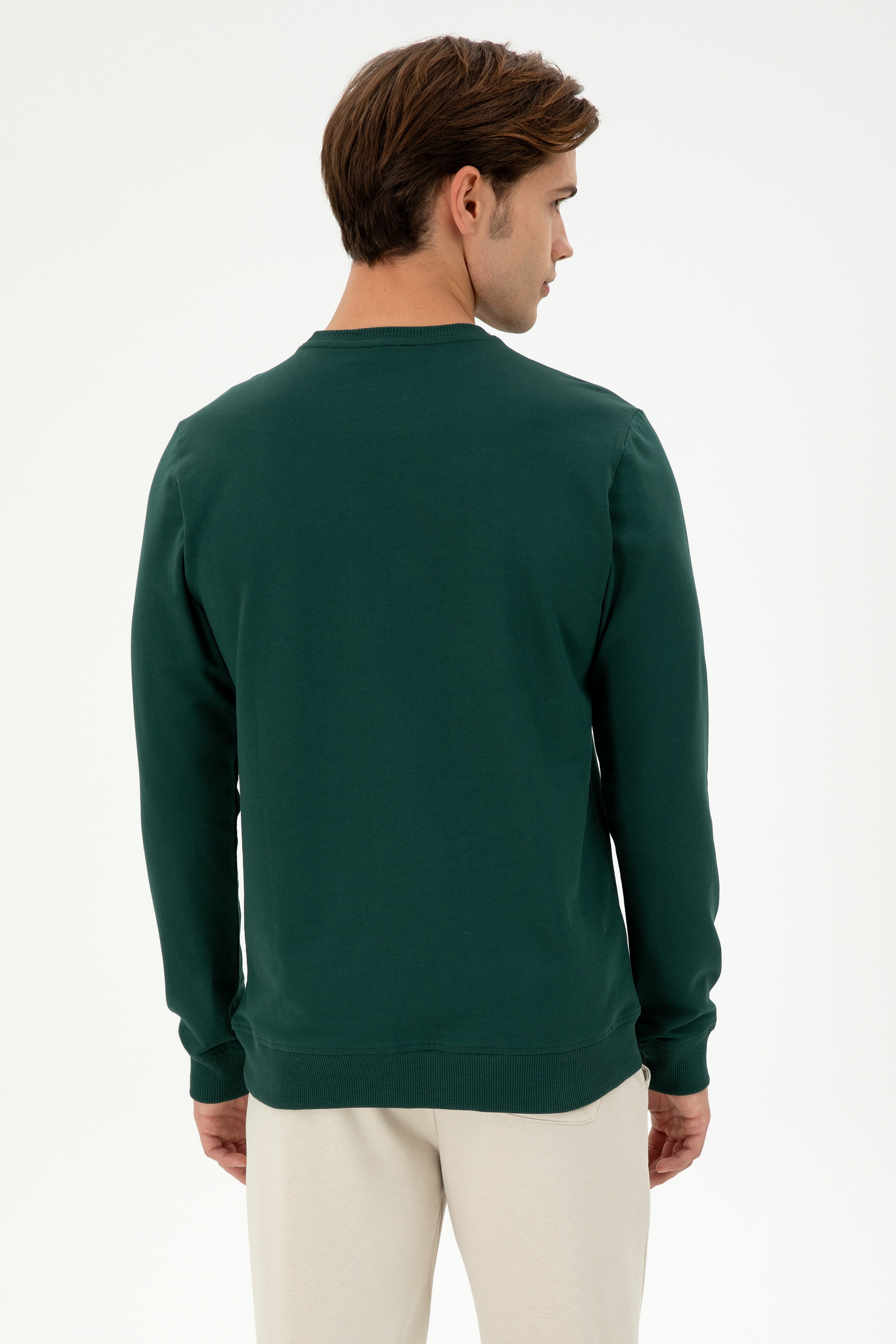 Erkek Regular Fit Bisiklet Yaka Koyu Yeşil Sweatshirt