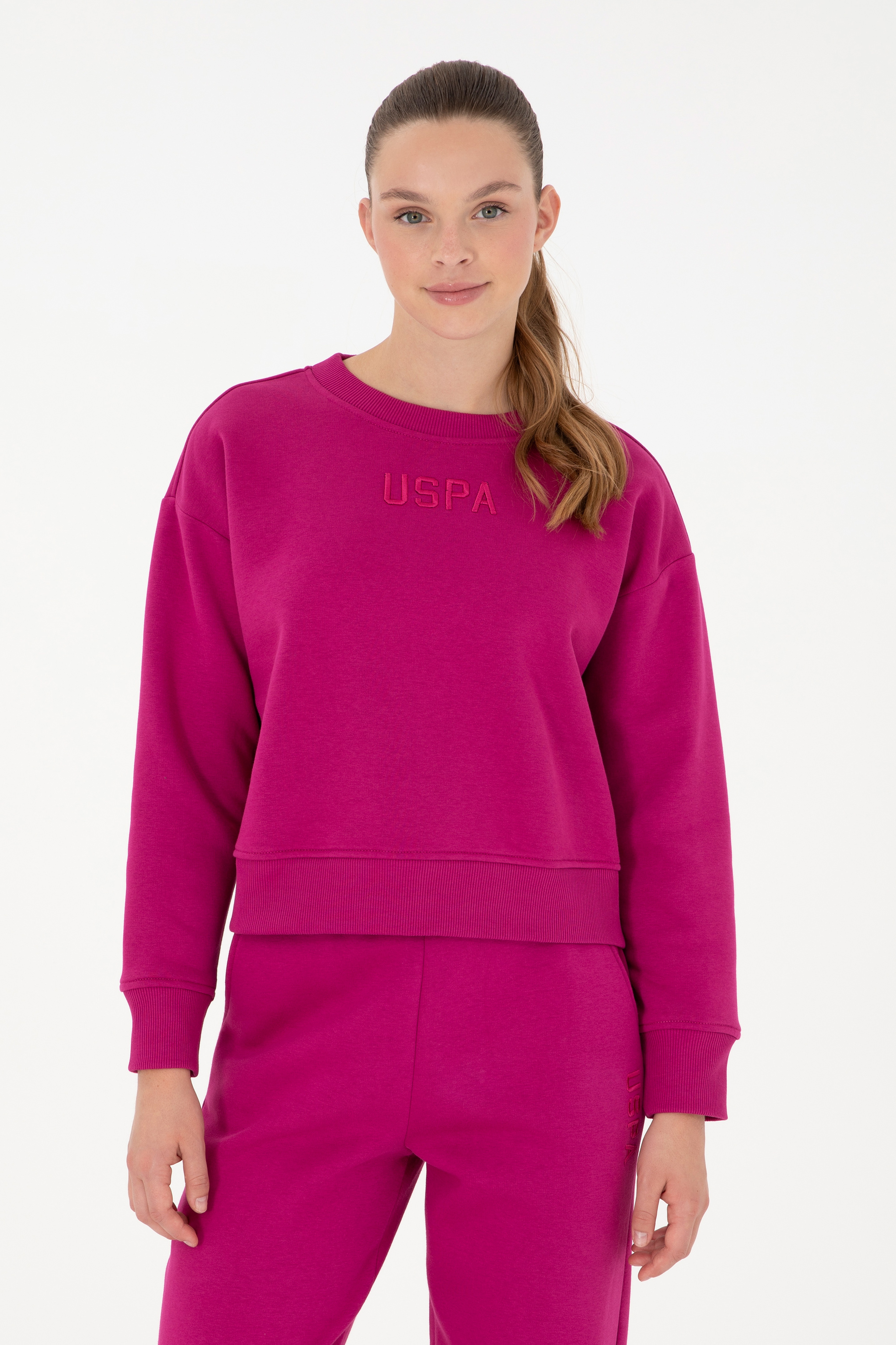 Kadın Fuşya Bisiklet Yaka Sweatshirt - Image 1