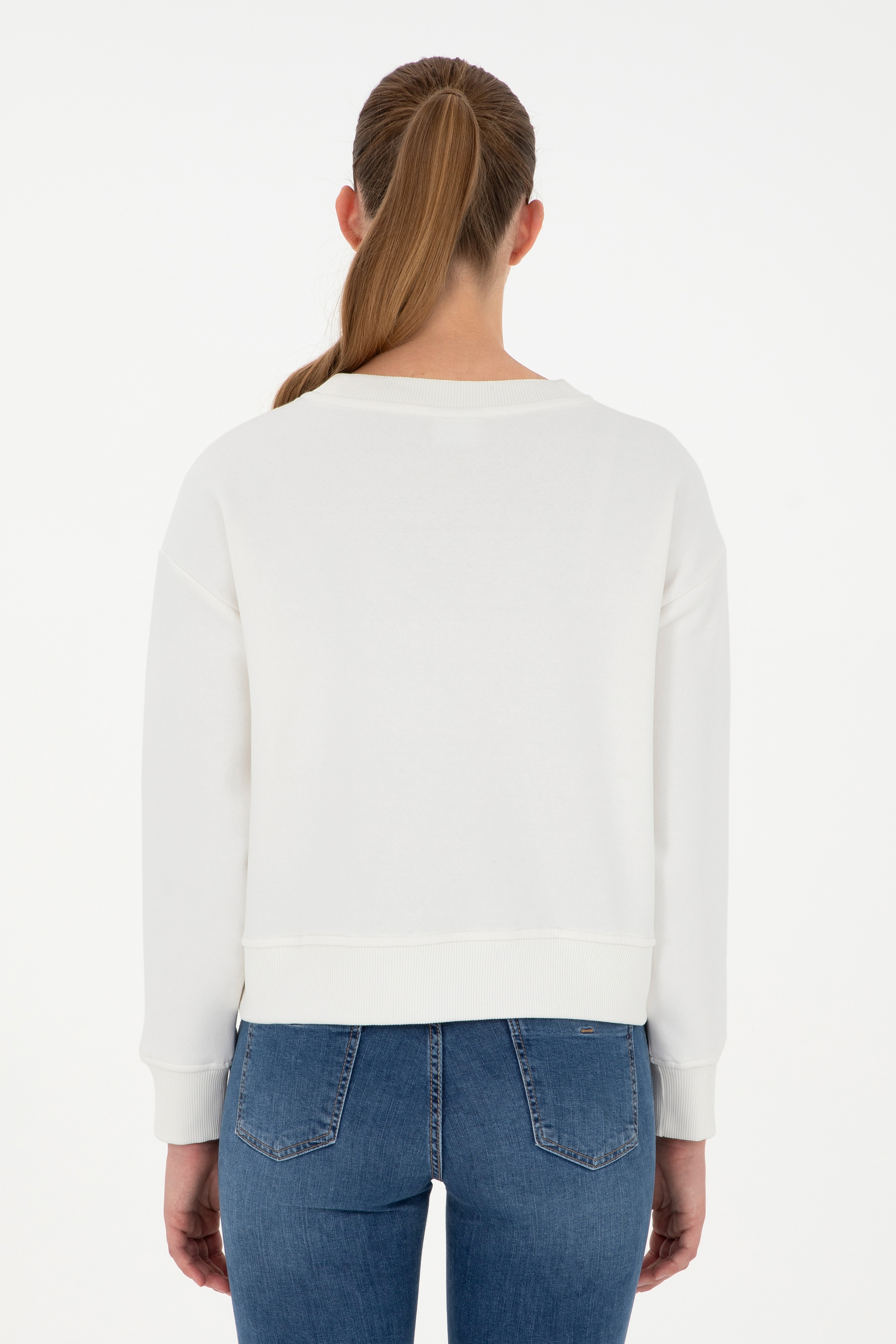 Kadın Ekru Bisiklet Yaka Sweatshirt - Image 5