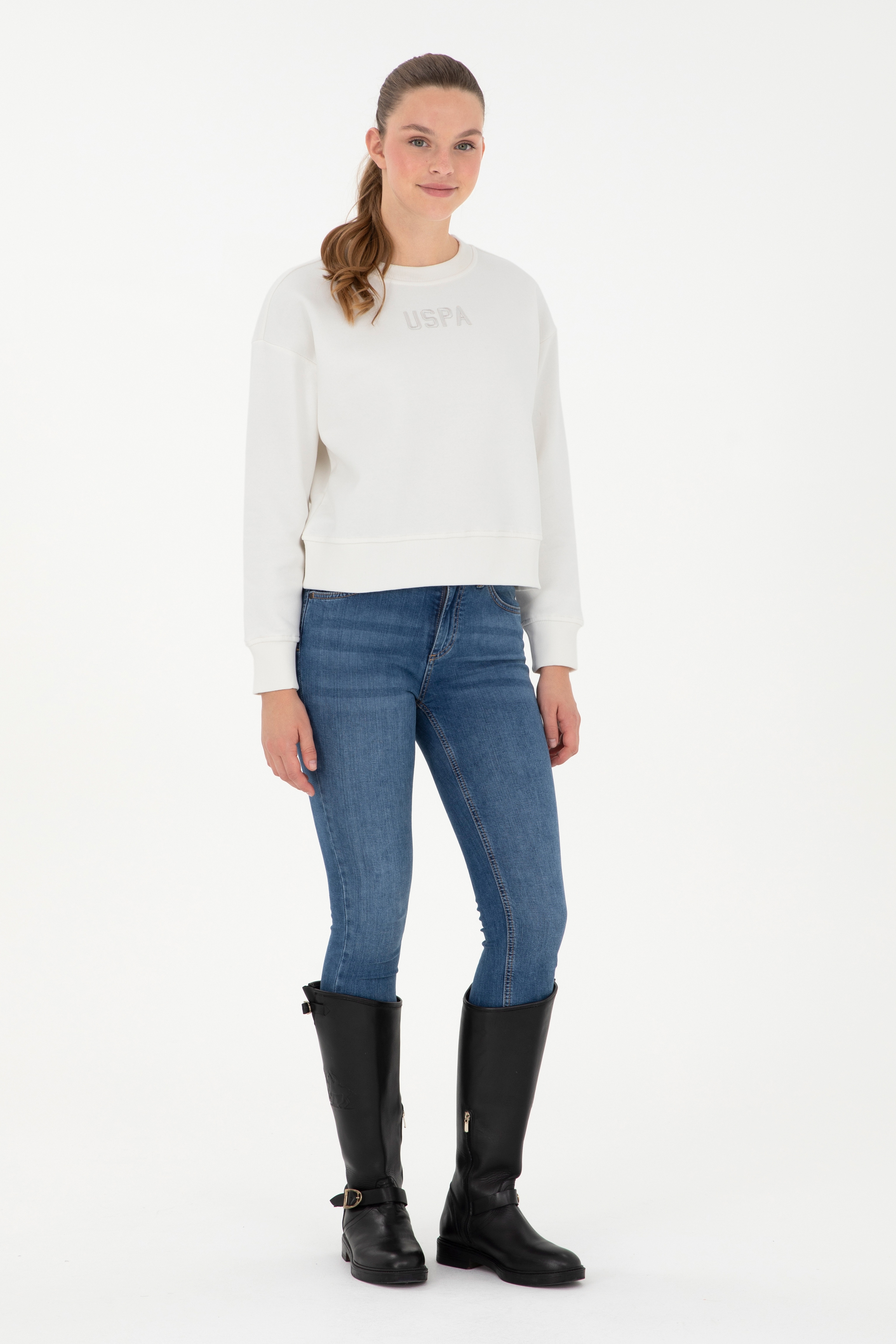 Kadın Ekru Bisiklet Yaka Sweatshirt - Image 4