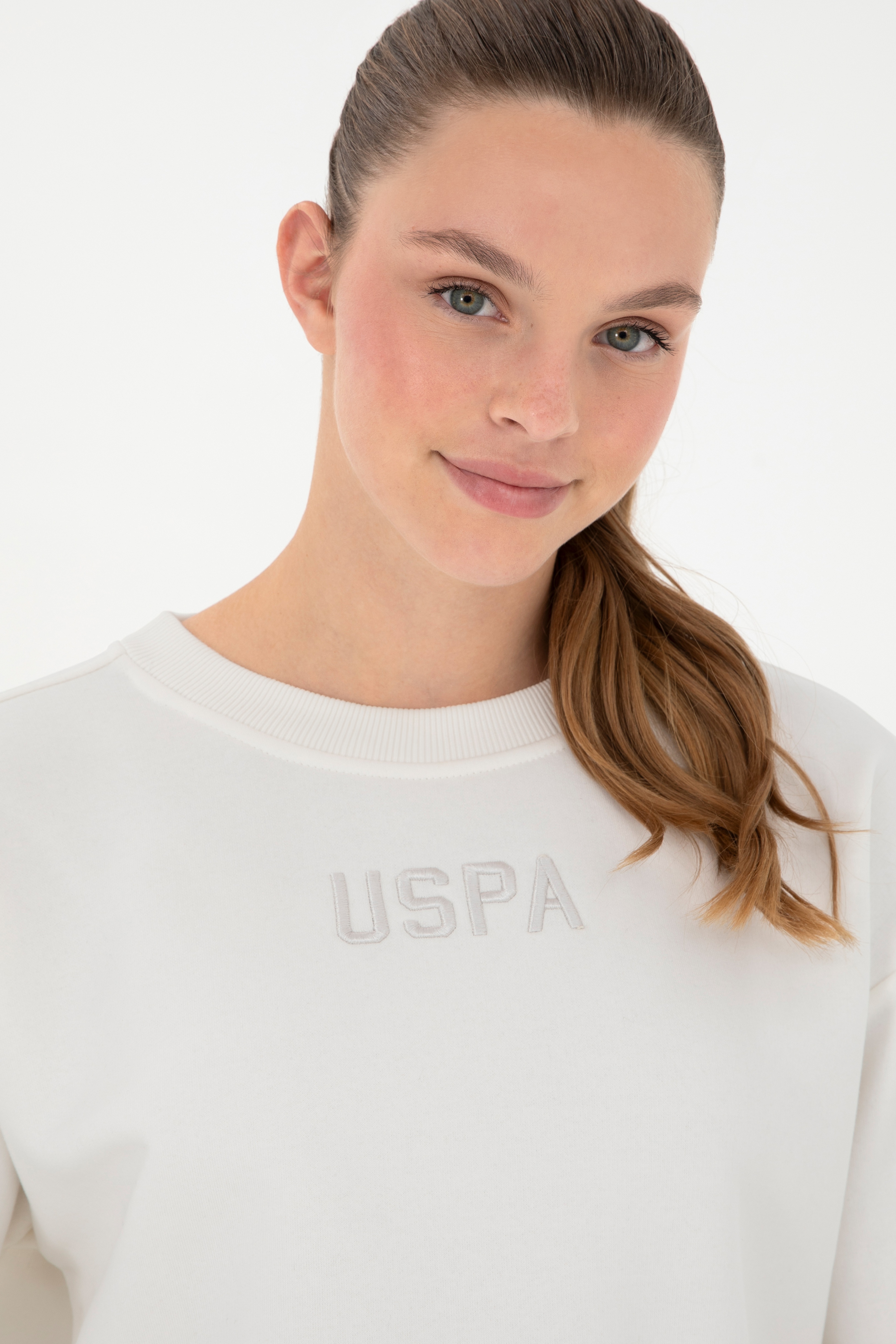 Kadın Ekru Bisiklet Yaka Sweatshirt - Image 2