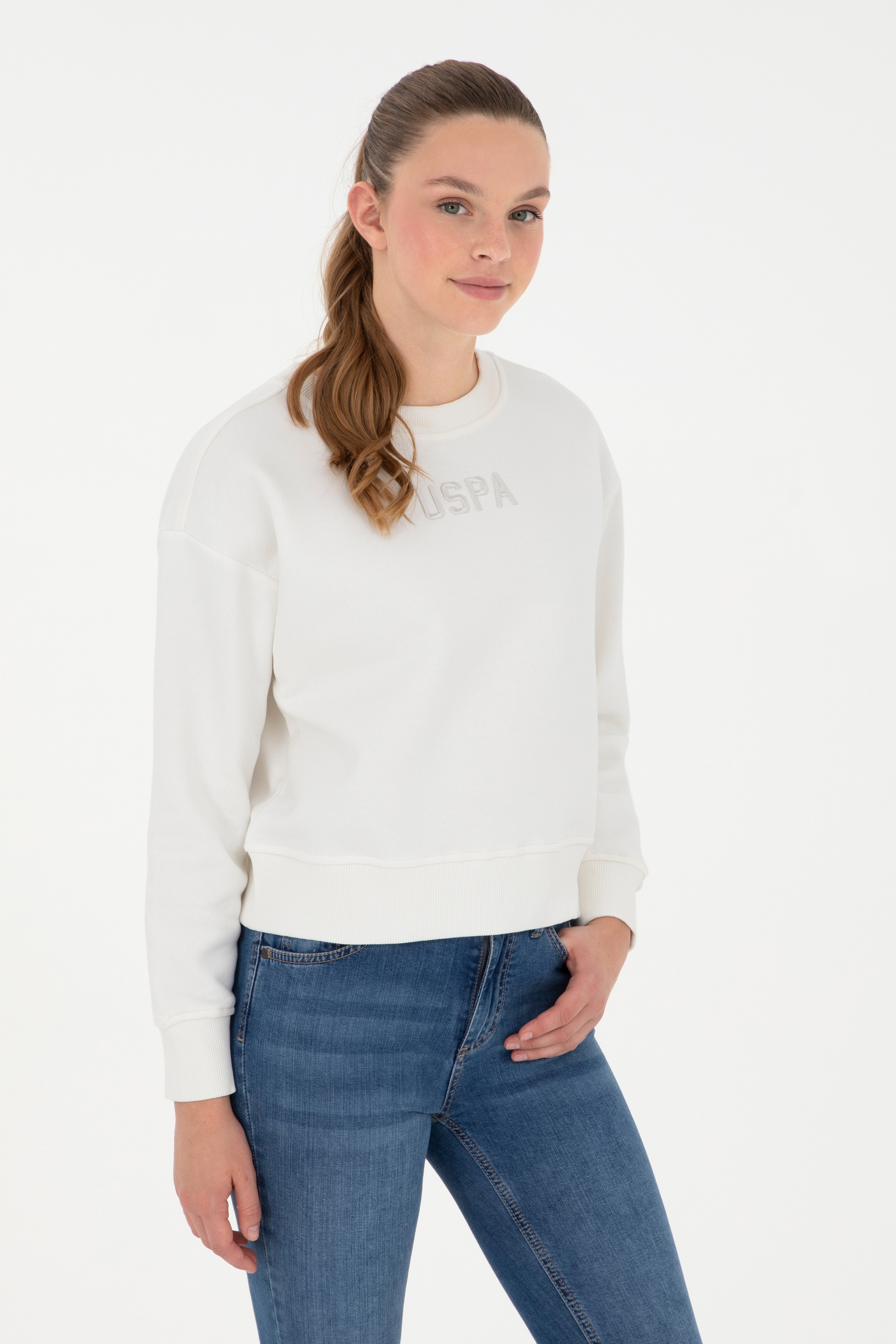Kadın Ekru Bisiklet Yaka Sweatshirt - Image 1