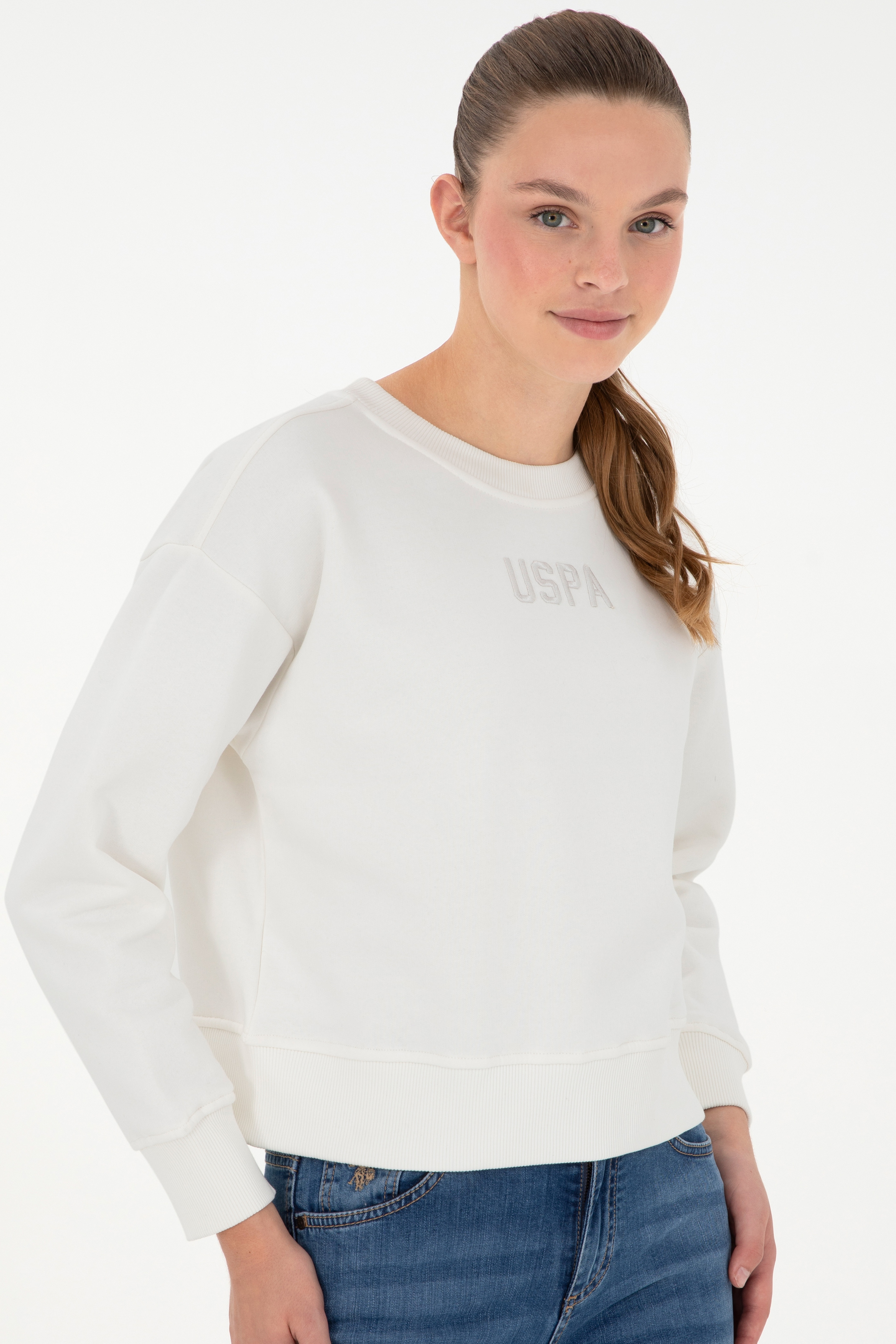 Kadın Ekru Bisiklet Yaka Sweatshirt - Image 3
