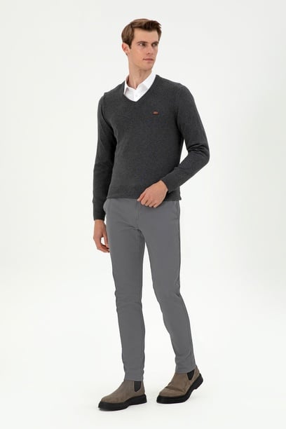 Erkek Slim Fit Gri Kanvas Pantolon