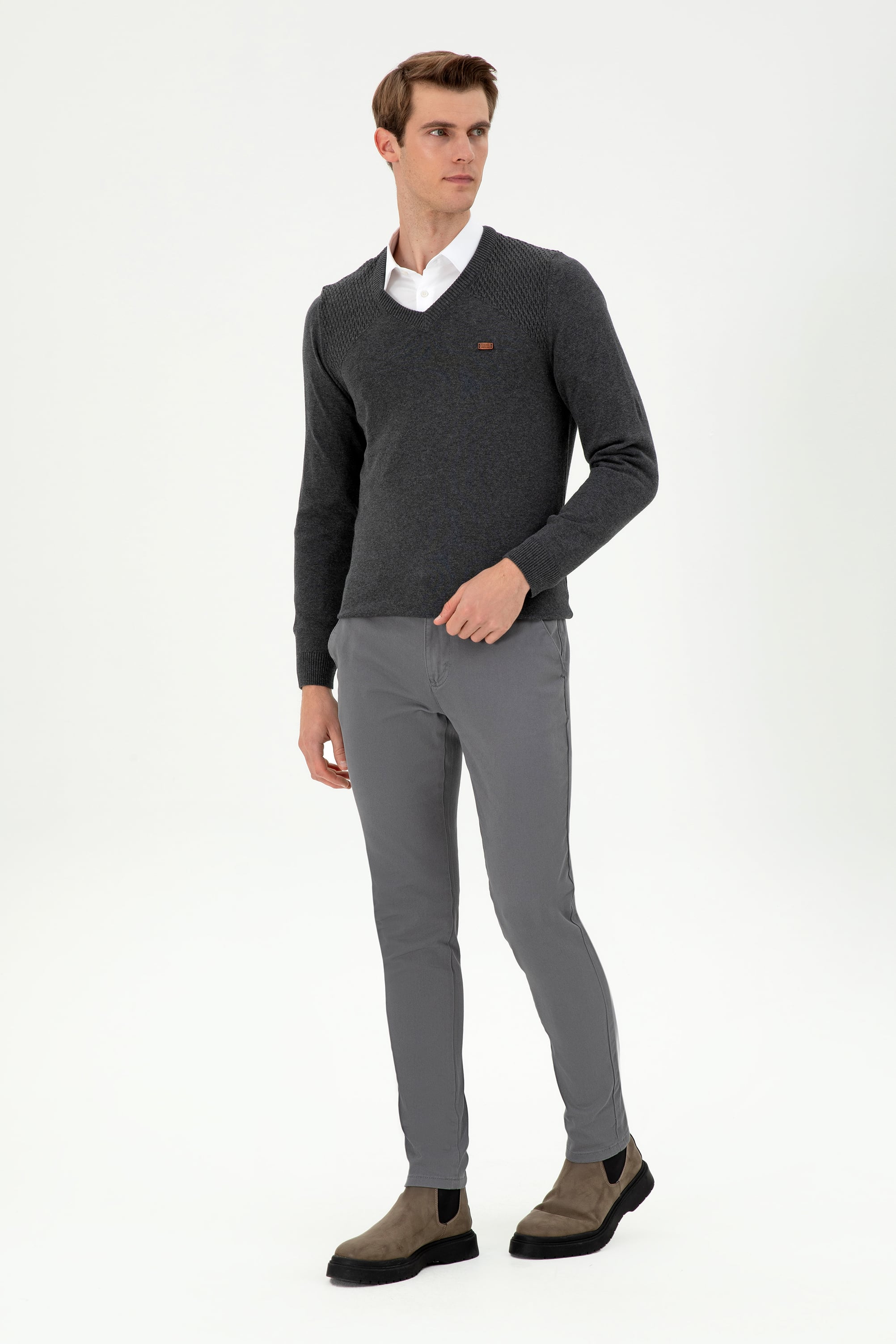 Erkek Slim Fit Gri Kanvas Pantolon