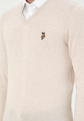 Erkek Slim Fit V Yaka Krem Melanj Basic Kazak - 50288885017