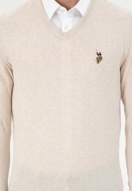 Erkek Slim Fit V Yaka Krem Melanj Basic Kazak - 50288885017