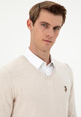 Erkek Slim Fit V Yaka Krem Melanj Basic Kazak - 50288885017