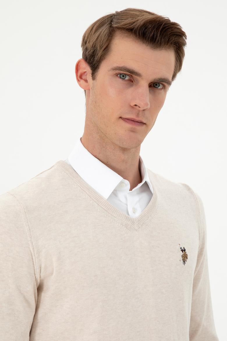 Erkek Slim Fit V Yaka Krem Melanj Basic Kazak - 50288885017