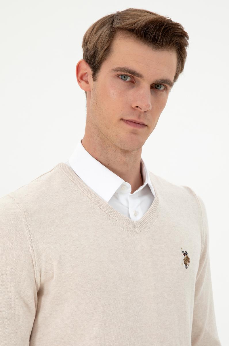 Erkek Slim Fit V Yaka Krem Melanj Basic Kazak