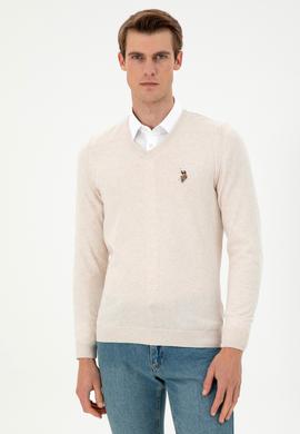 Erkek Slim Fit V Yaka Krem Melanj Basic Kazak - 50288885017