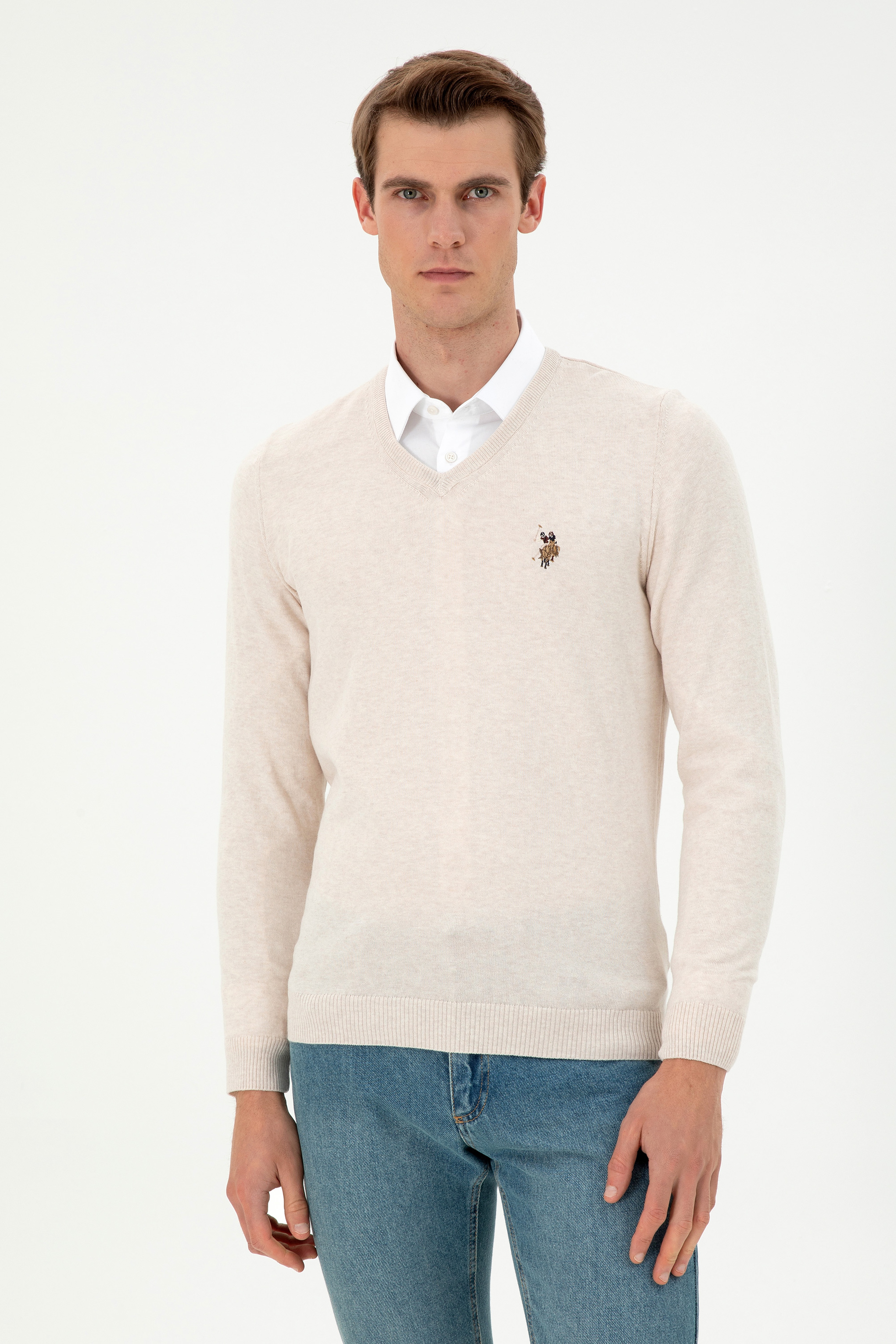 Erkek Slim Fit V Yaka Krem Melanj Basic Kazak - Image 1