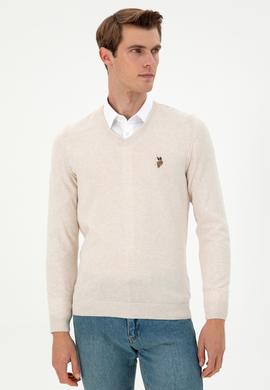 Erkek Slim Fit V Yaka Krem Melanj Basic Kazak - 50288885017