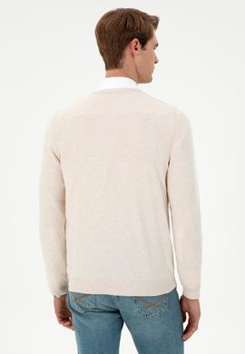 Erkek Slim Fit V Yaka Krem Melanj Basic Kazak - 50288885017