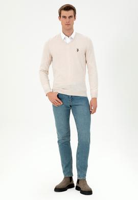 Erkek Slim Fit V Yaka Krem Melanj Basic Kazak - 50288885017