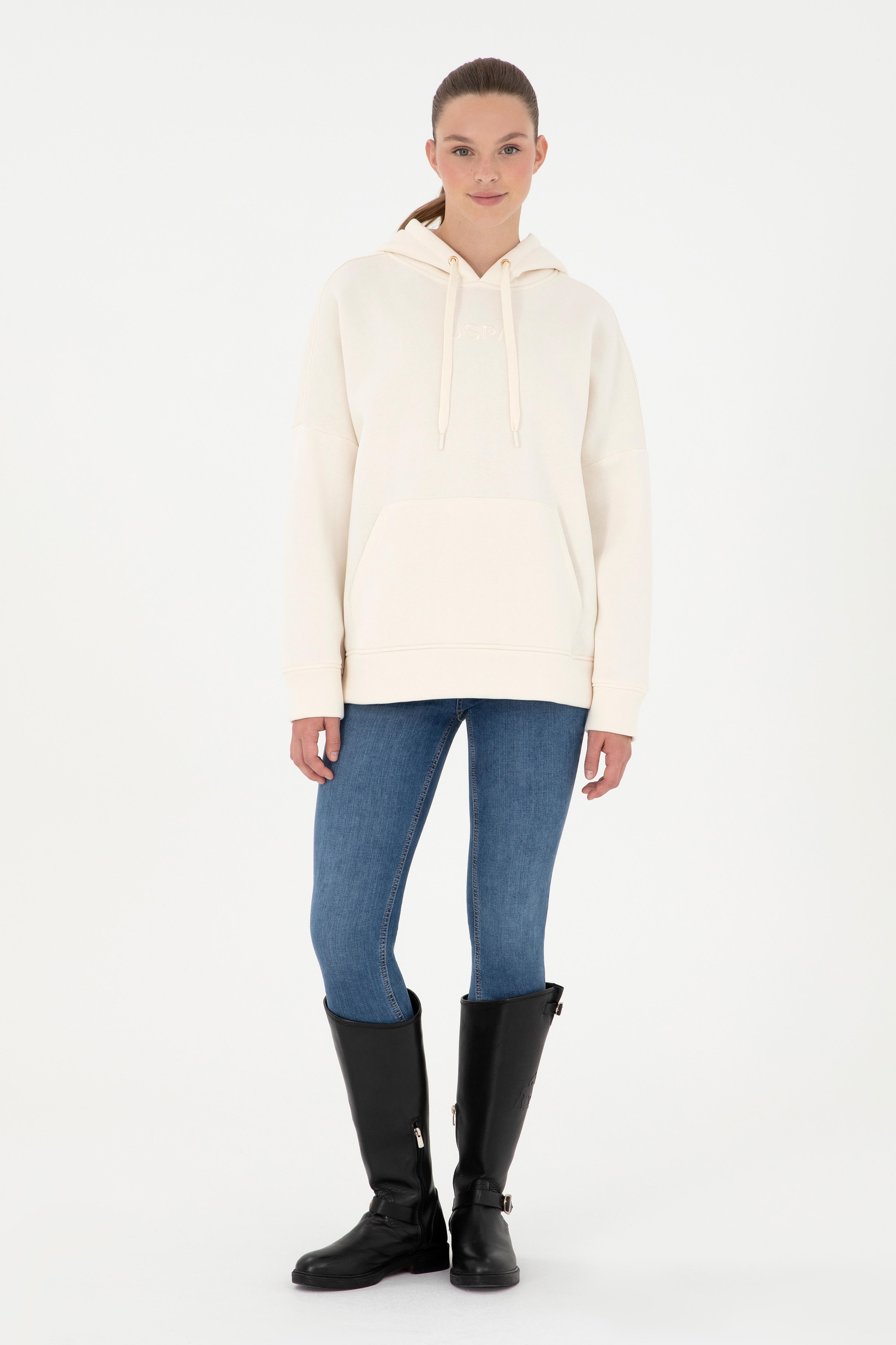 Kadın Krem Kapüşonlu Sweatshirt