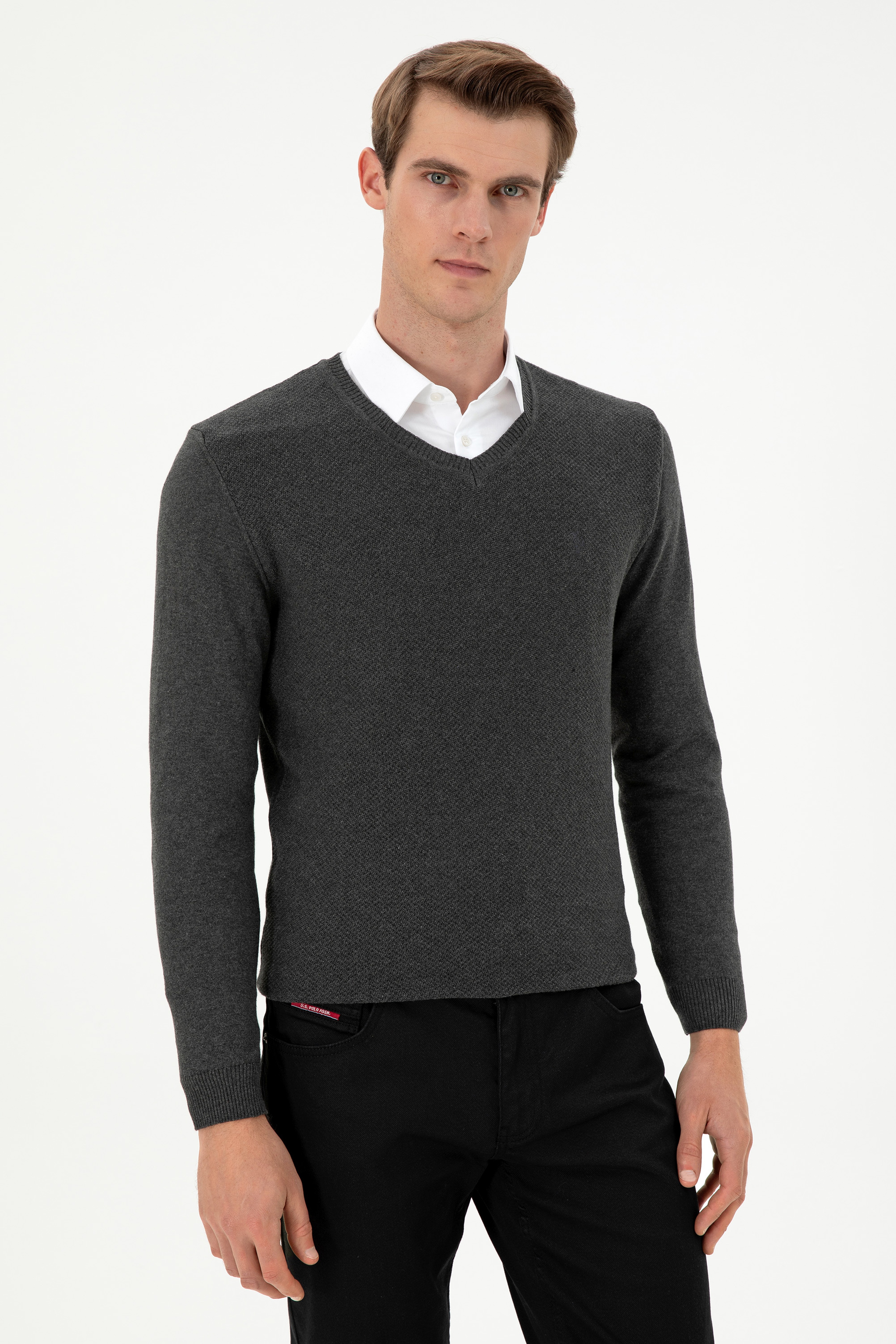 Erkek Slim Fit V Yaka Antrasit Melanj Basic Kazak
