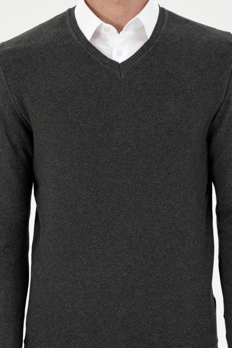Erkek Slim Fit V Yaka Antrasit Melanj Basic Kazak - 50288886060