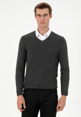 Erkek Slim Fit V Yaka Antrasit Melanj Basic Kazak - 50288886060