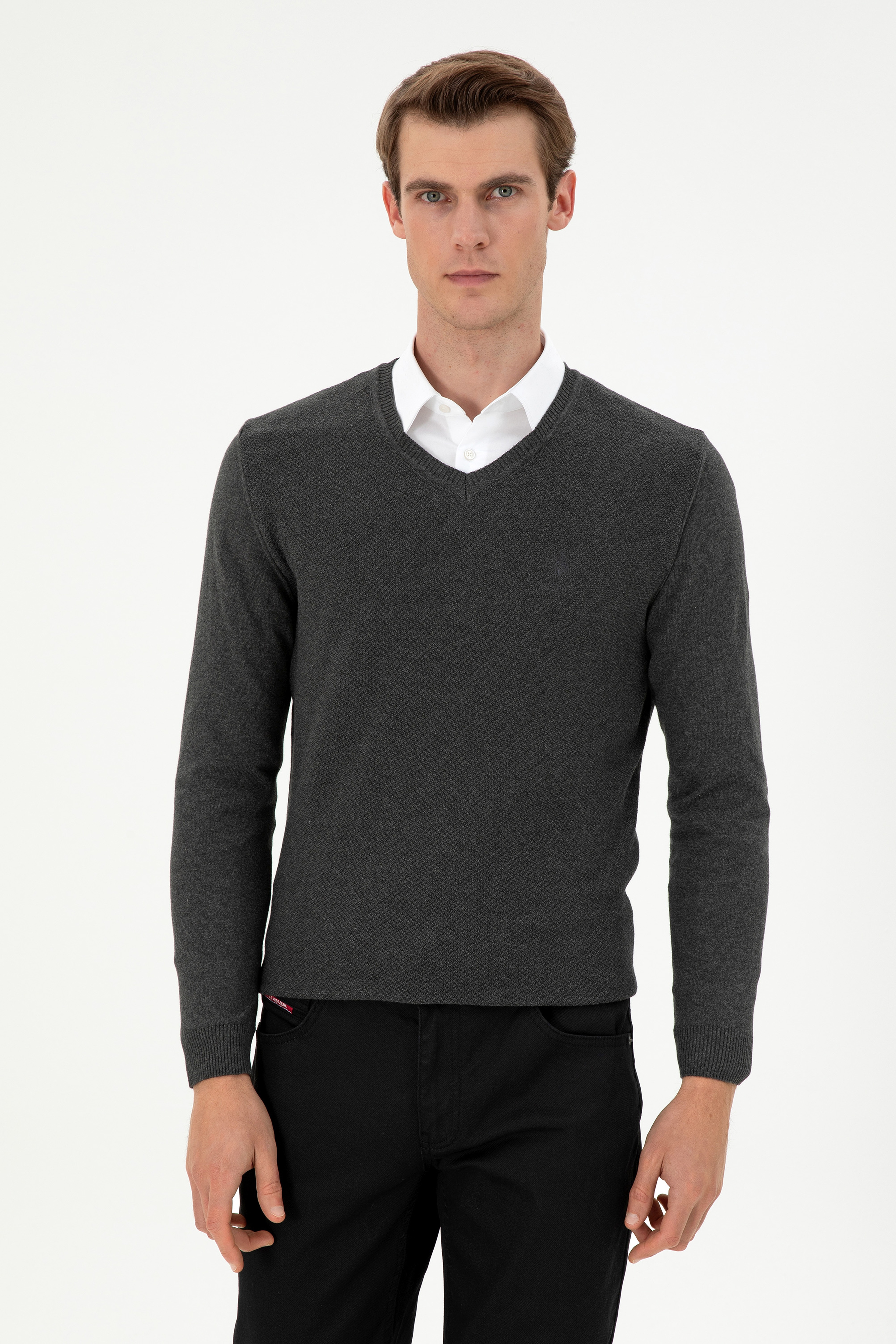 Erkek Slim Fit V Yaka Antrasit Melanj Basic Kazak - Image 1