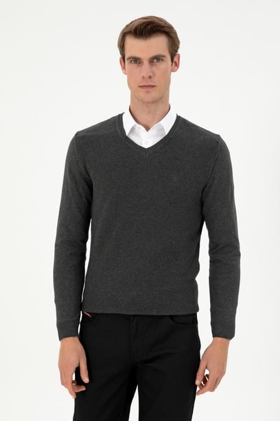 Erkek Slim Fit V Yaka Antrasit Melanj Basic Kazak