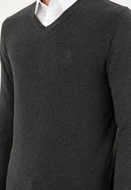 Erkek Slim Fit V Yaka Antrasit Melanj Basic Kazak - 50288886060