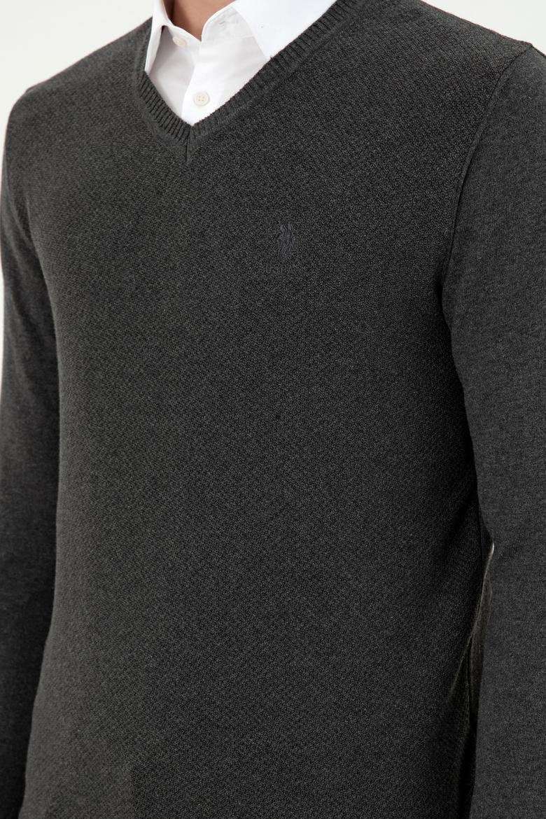 Erkek Slim Fit V Yaka Antrasit Melanj Basic Kazak - 50288886060