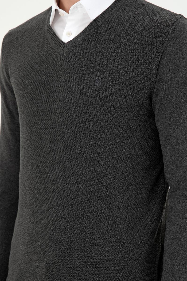 Erkek Slim Fit V Yaka Antrasit Melanj Basic Kazak