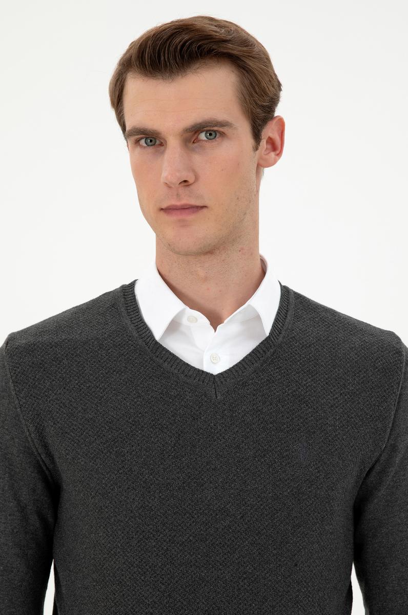 Erkek Slim Fit V Yaka Antrasit Melanj Basic Kazak