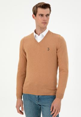 Erkek Slim Fit V Yaka Camel Melanj Basic Kazak - 50288885104