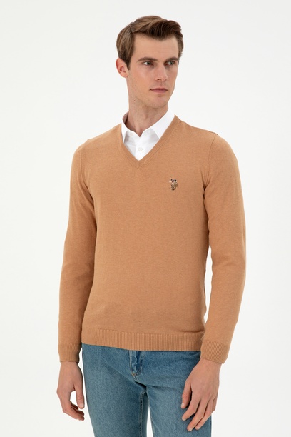 Erkek Slim Fit V Yaka Camel Melanj Basic Kazak