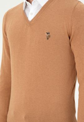 Erkek Slim Fit V Yaka Camel Melanj Basic Kazak - 50288885104