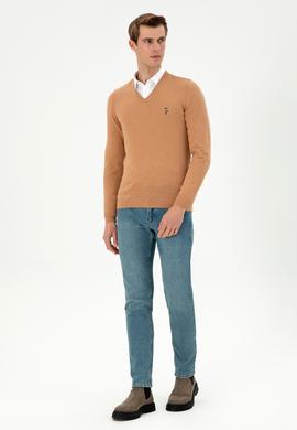 Erkek Slim Fit V Yaka Camel Melanj Basic Kazak - 50288885104