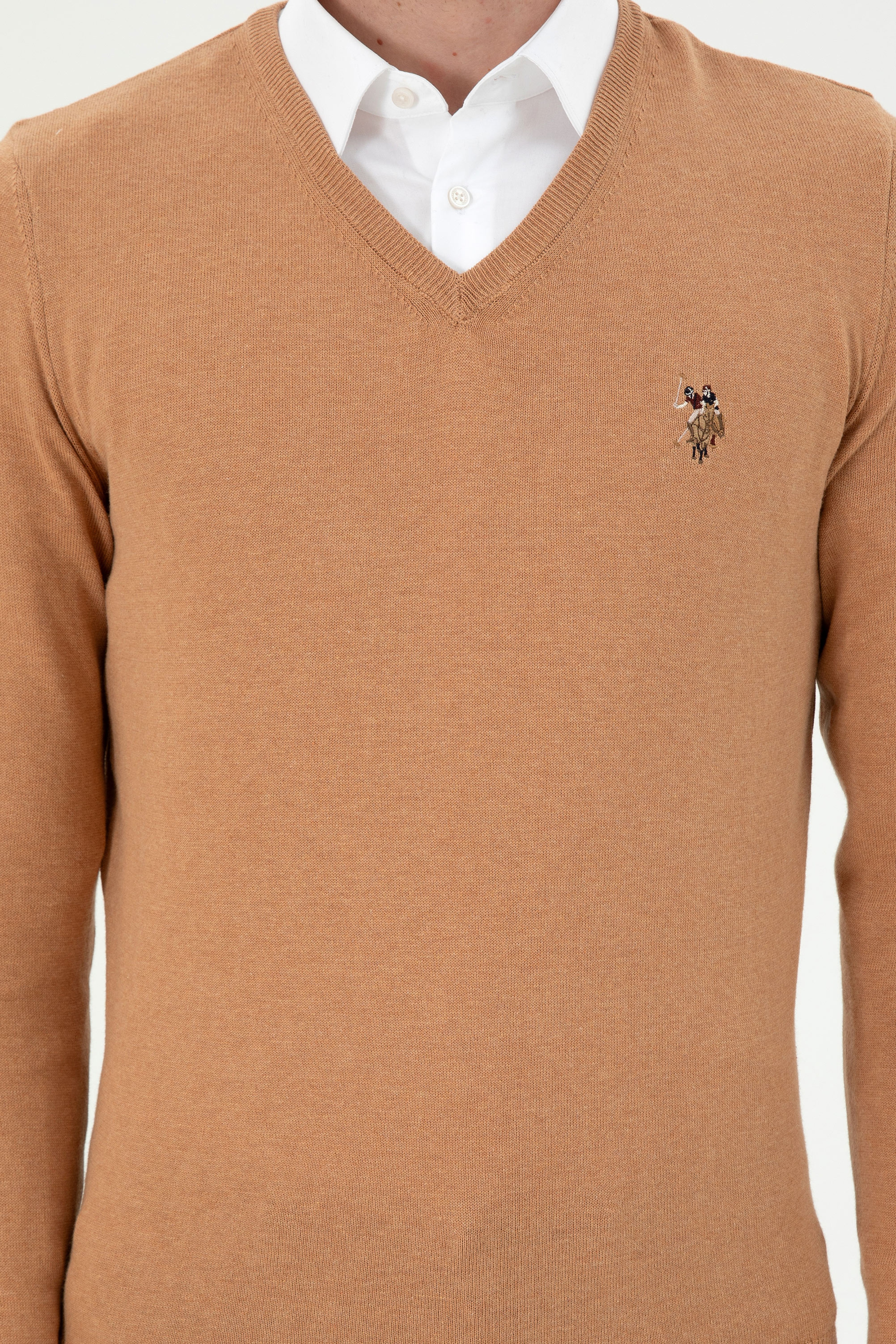 Erkek Slim Fit V Yaka Camel Melanj Basic Kazak - Image 6