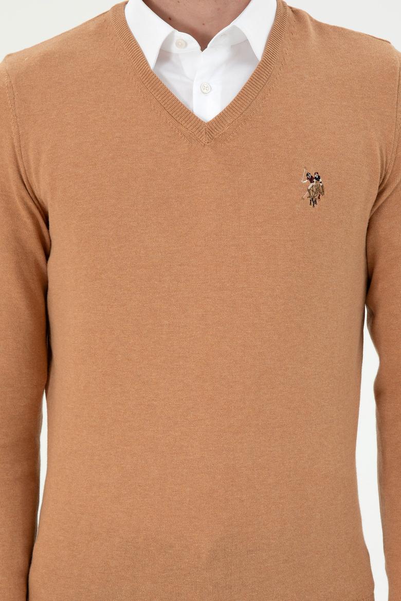 Erkek Slim Fit V Yaka Camel Melanj Basic Kazak - 50288885104