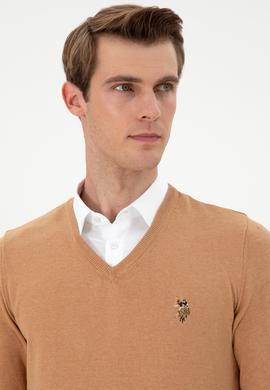 Erkek Slim Fit V Yaka Camel Melanj Basic Kazak - 50288885104