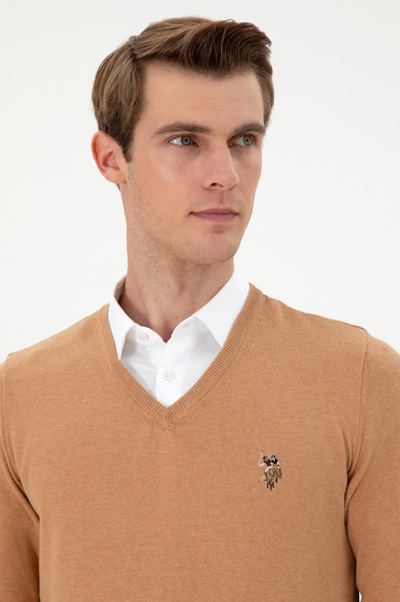 Erkek Slim Fit V Yaka Camel Melanj Basic Kazak