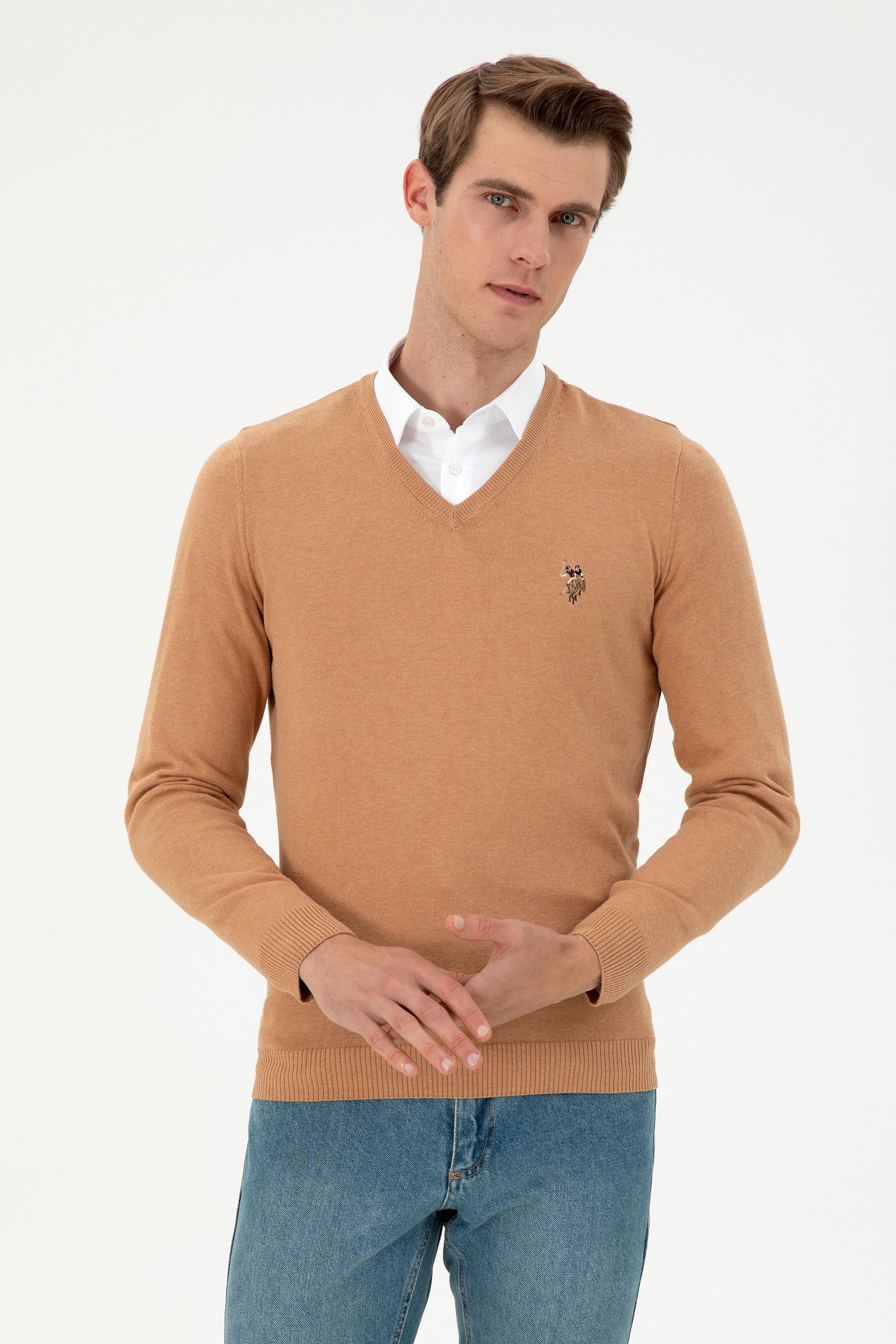 Erkek Slim Fit V Yaka Camel Melanj Basic Kazak - Image 1