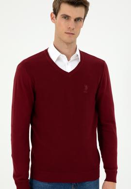 Erkek Slim Fit V Yaka Bordo Basic Kazak - 50288886041