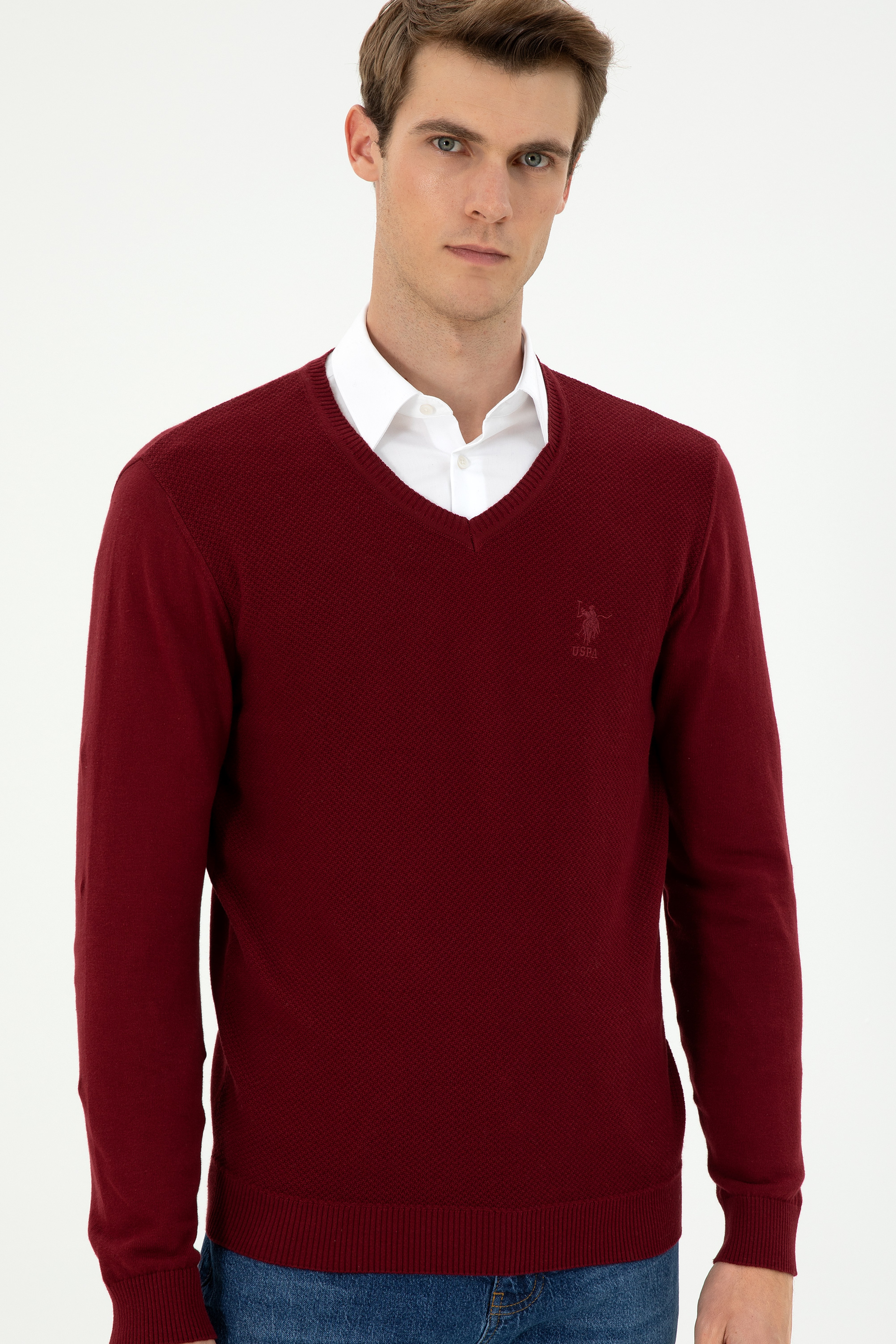 Erkek Slim Fit V Yaka Bordo Basic Kazak - Image 3