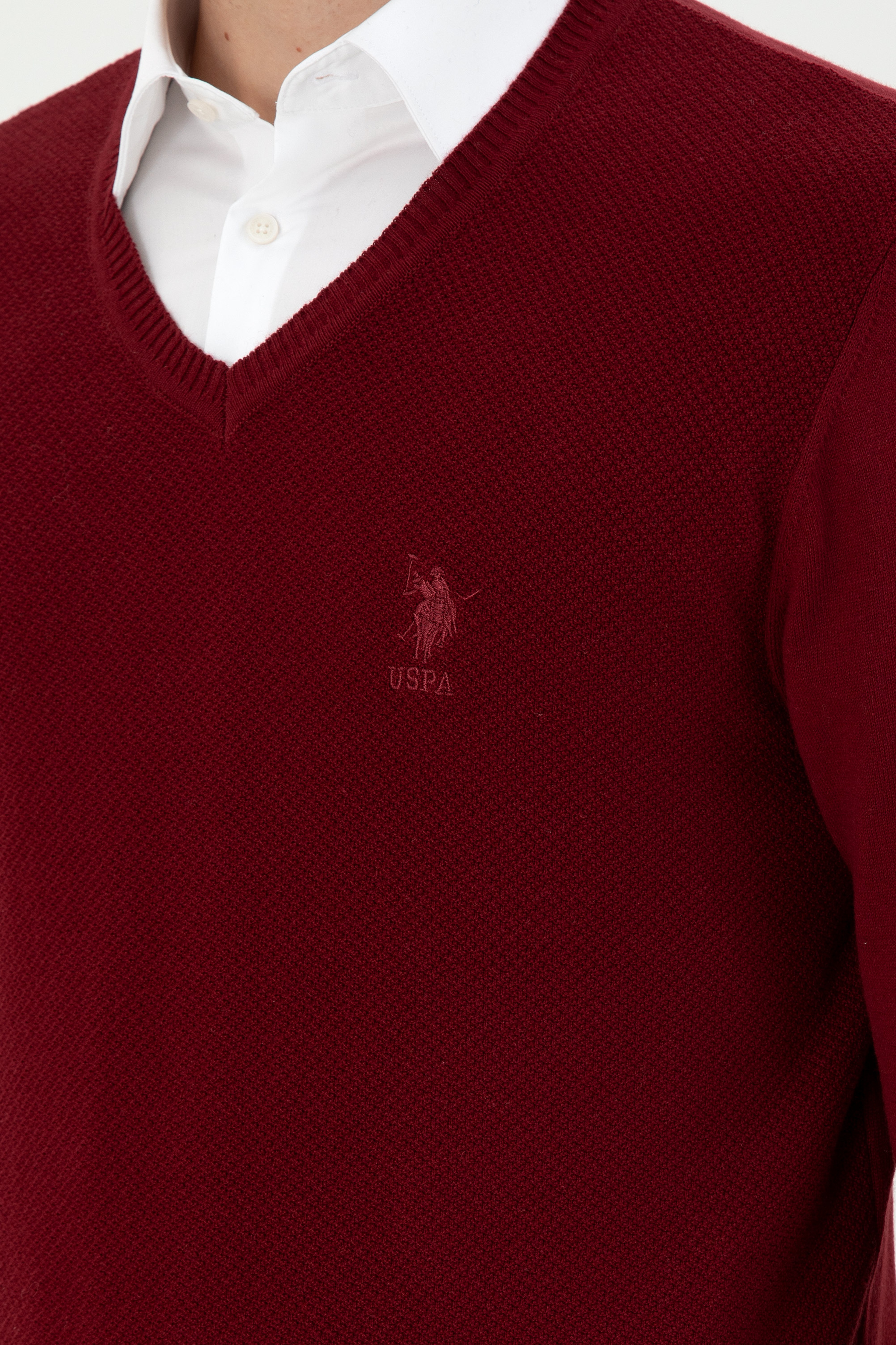 Erkek Slim Fit V Yaka Bordo Basic Kazak