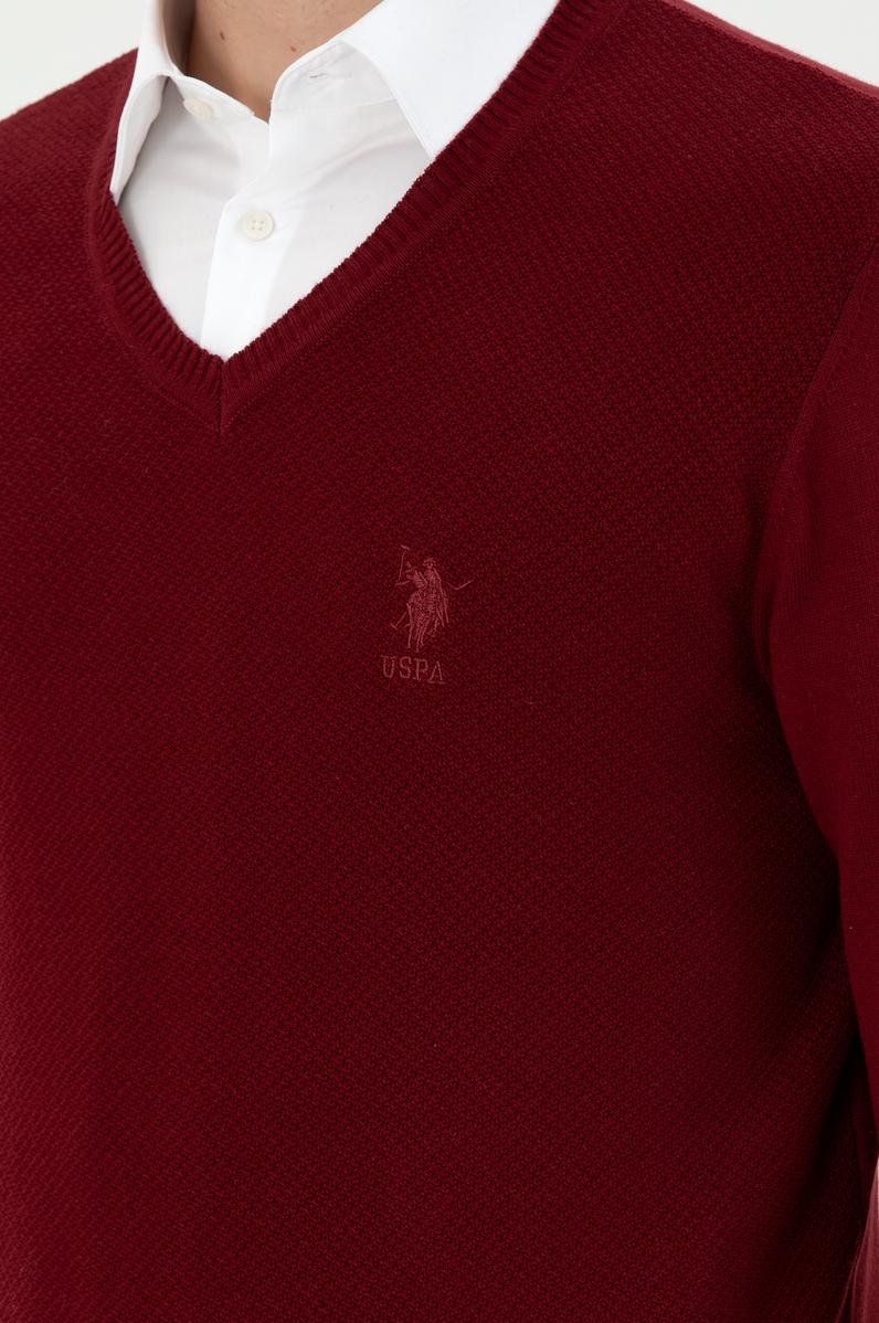 Erkek Slim Fit V Yaka Bordo Basic Kazak