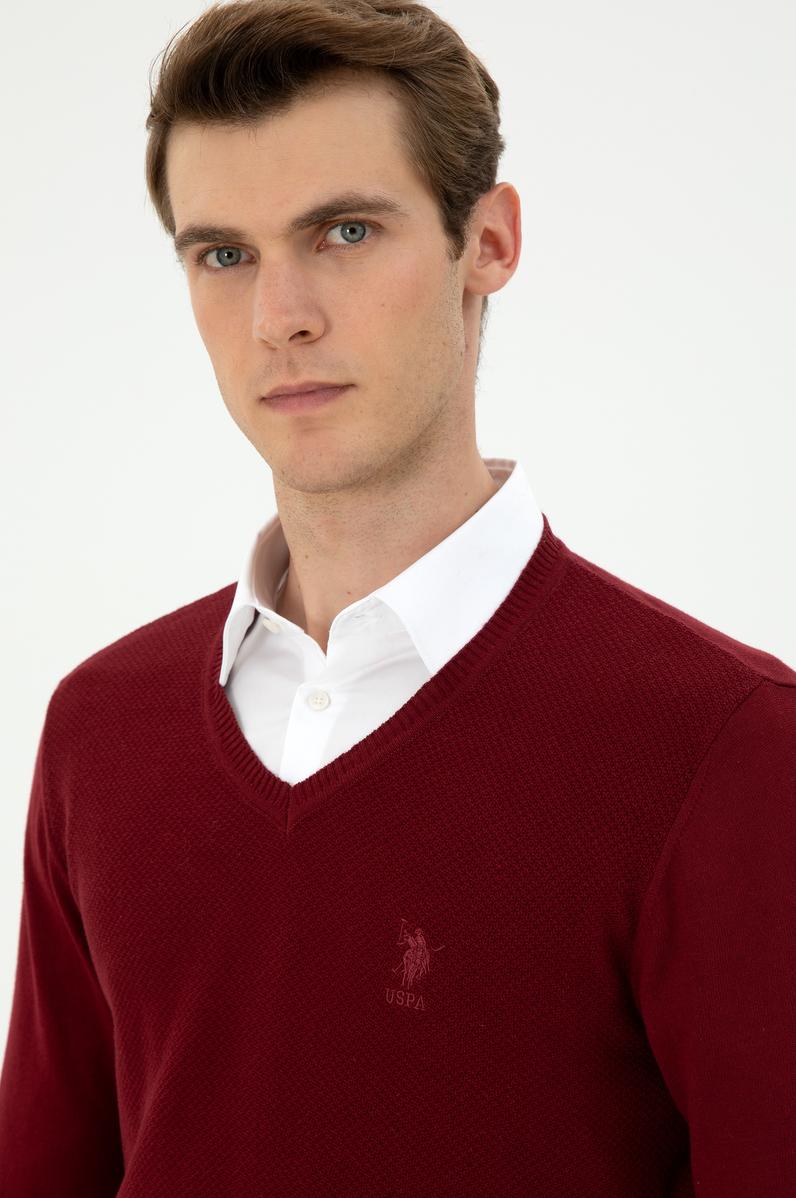 Erkek Slim Fit V Yaka Bordo Basic Kazak