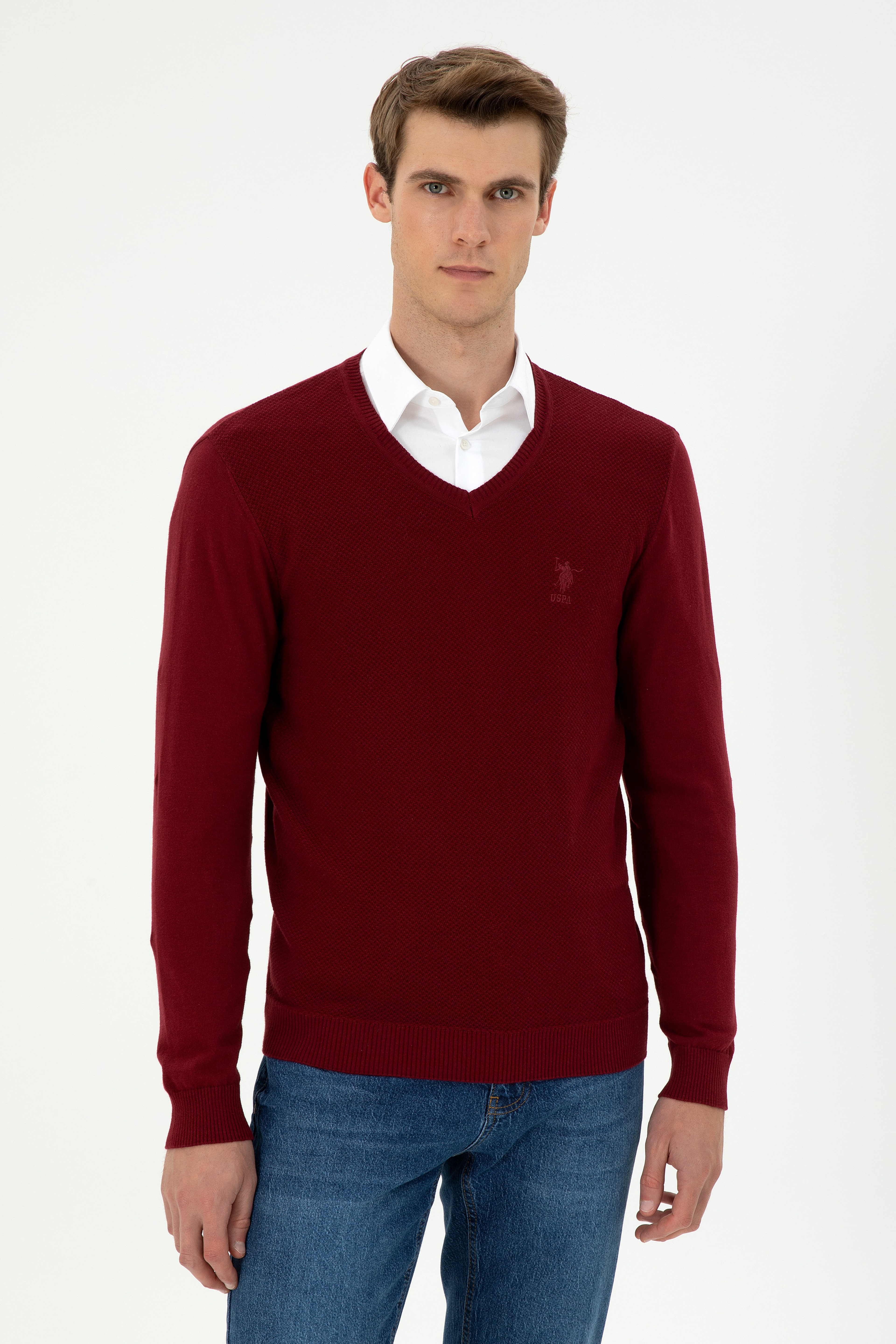 Erkek Slim Fit V Yaka Bordo Basic Kazak - Image 1