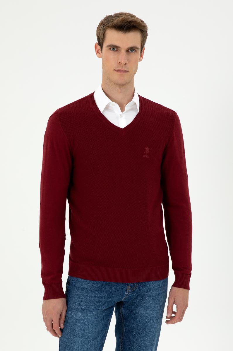 Erkek Slim Fit V Yaka Bordo Basic Kazak