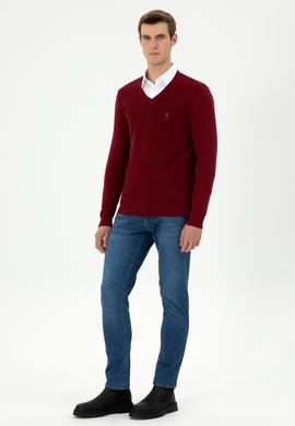 Erkek Slim Fit V Yaka Bordo Basic Kazak - 50288886041